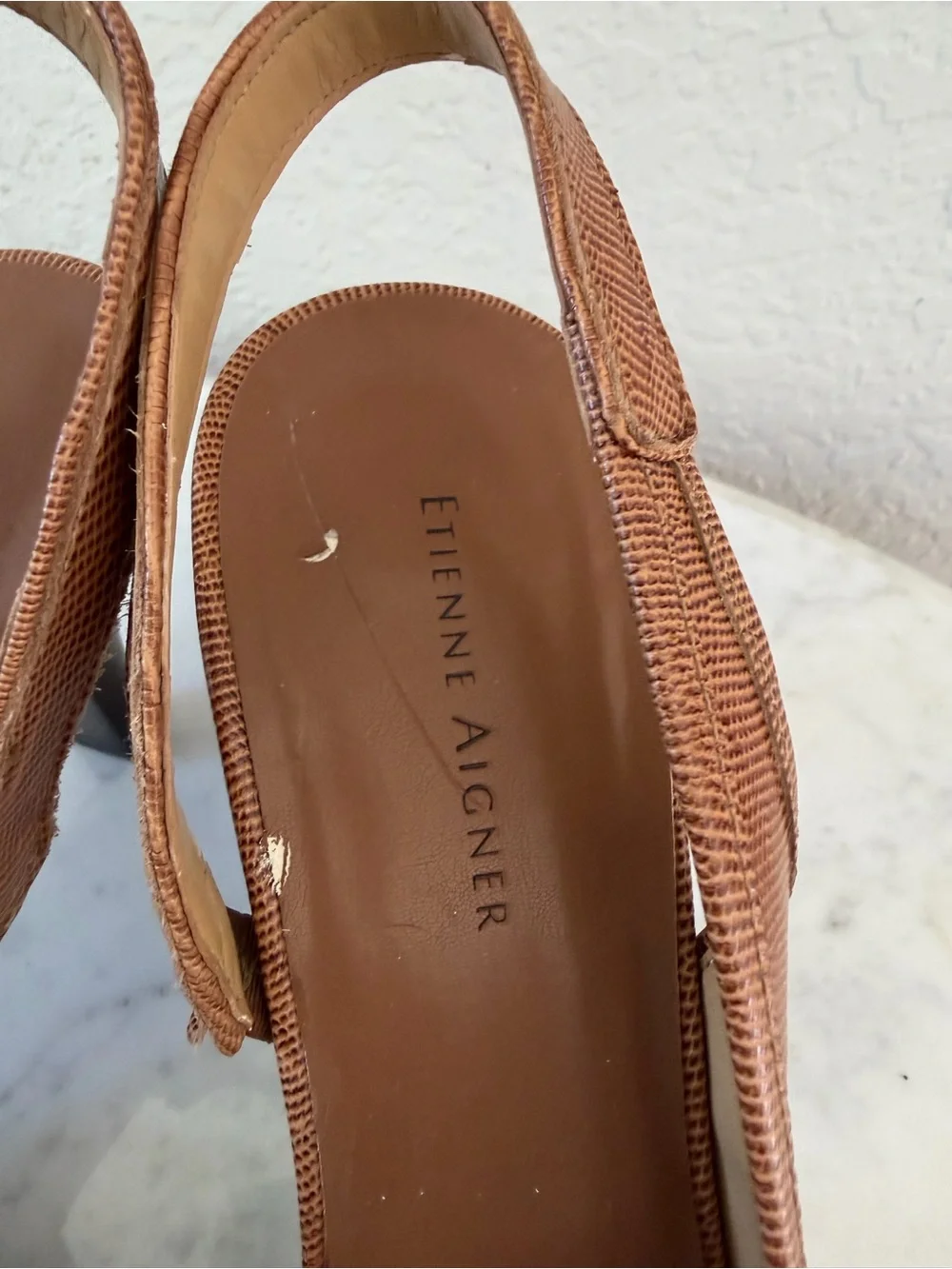 Vintage Y2K Etienne Aigner Brown Lizard Embossed Leather Slingback Heels 7.5
